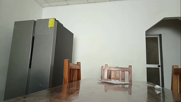 The maintenance man checks the refrigerator while the housewife behaves strangely by showing her vagina on the table.
